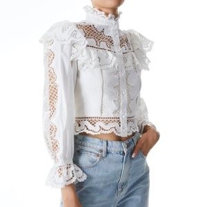 ALICE + OLIVIA MARLO EYELET RUFFLE BLOUSE